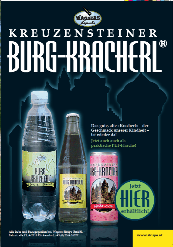 Kreuzensteiner Burg-Kracherl in Glasflasche, PET-Flasche und Dose