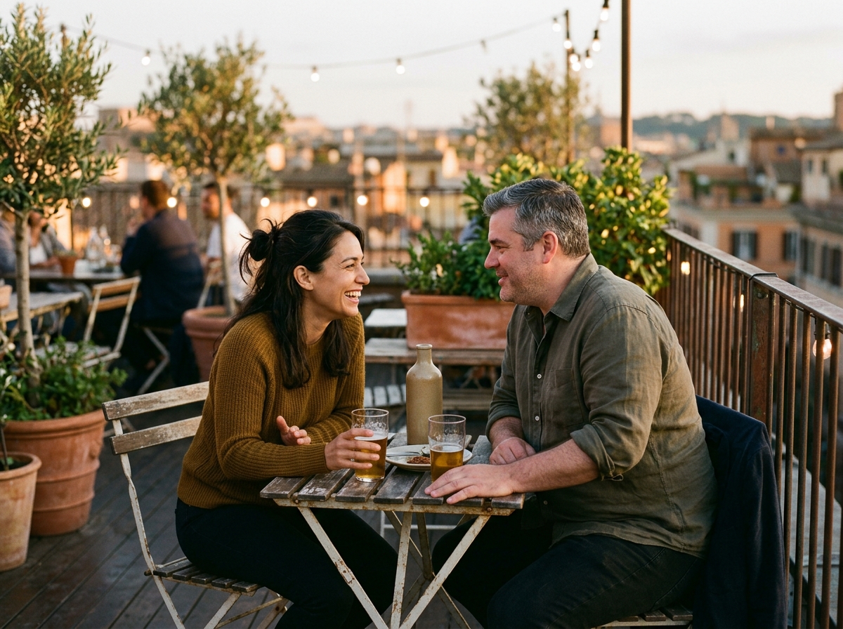 Entspanntes Paar Ende 30 beim ersten Date auf einer Dachterrasse in der Abendsonne, beide lehnen sich im Gespräch zueinander, warmes goldenes Licht