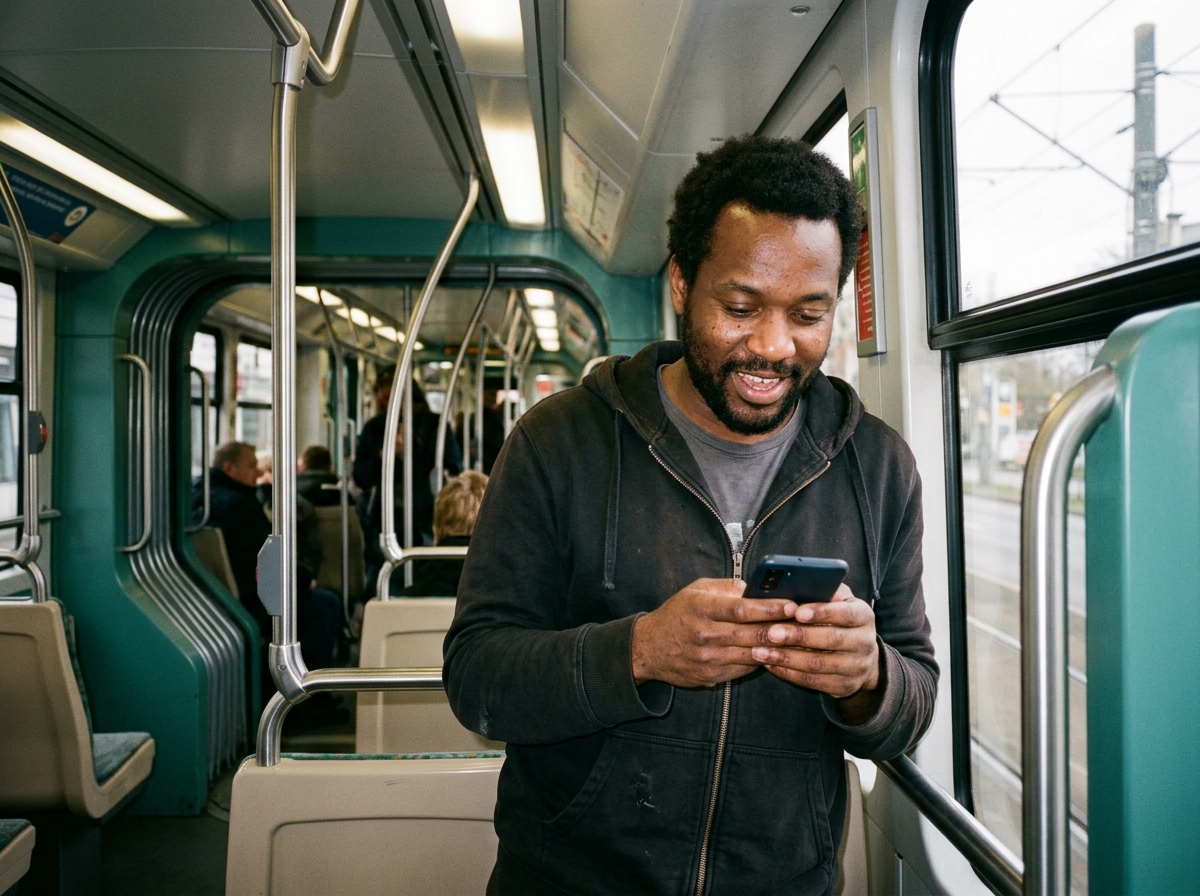 Mann Mitte 30 steht in einer Tram und schaut mit überraschtem Lächeln auf sein Smartphone, kühles grün-graues Licht im Waggon