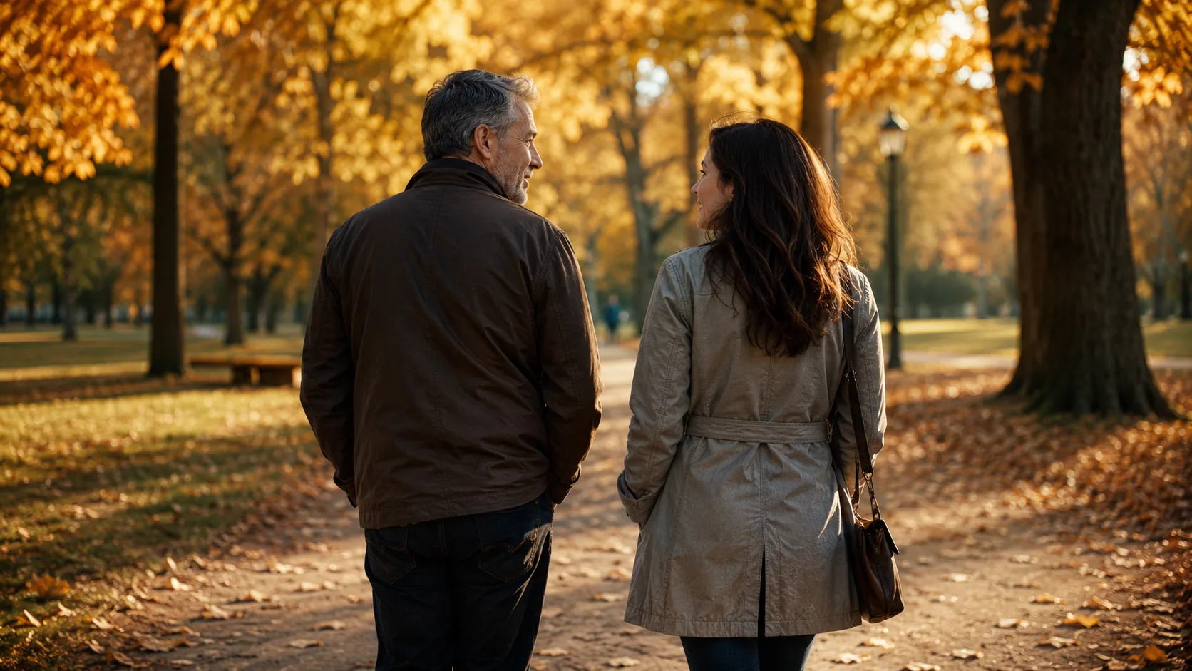 Paar mit sichtbarem Altersunterschied beim entspannten Spaziergang in Herbstpark — Symbolbild für gleichberechtigte Beziehung über Altersgrenzen