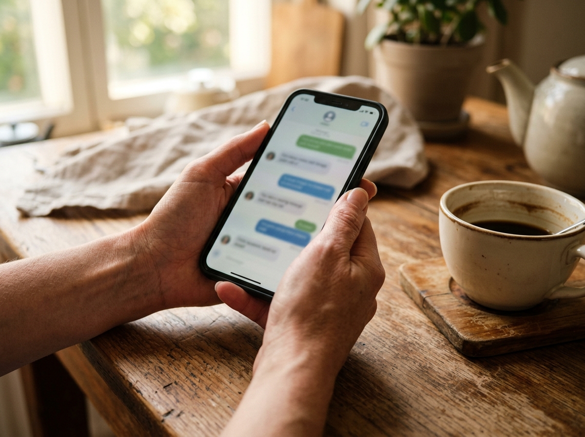 Close-up von Händen, die ein Smartphone mit unscharfem Chat-Verlauf halten, warmes Küchenlicht.