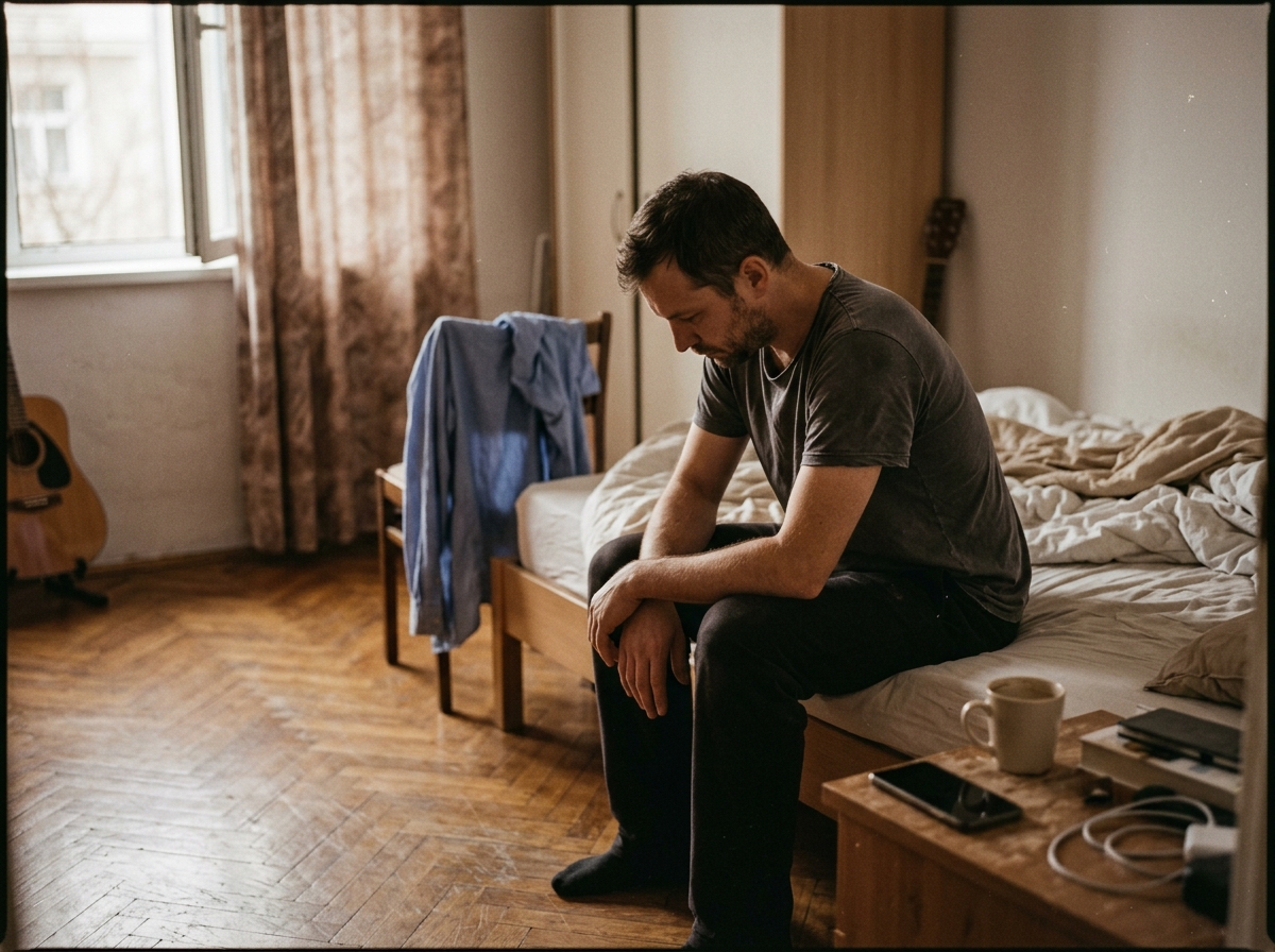 Mann Ende 30 sitzt am Morgen danach abgewandt auf der Bettkante eines WG-Zimmers, Kopf gesenkt, daneben eine kalt gewordene Kaffeetasse, gedämpftes Morgenlicht
