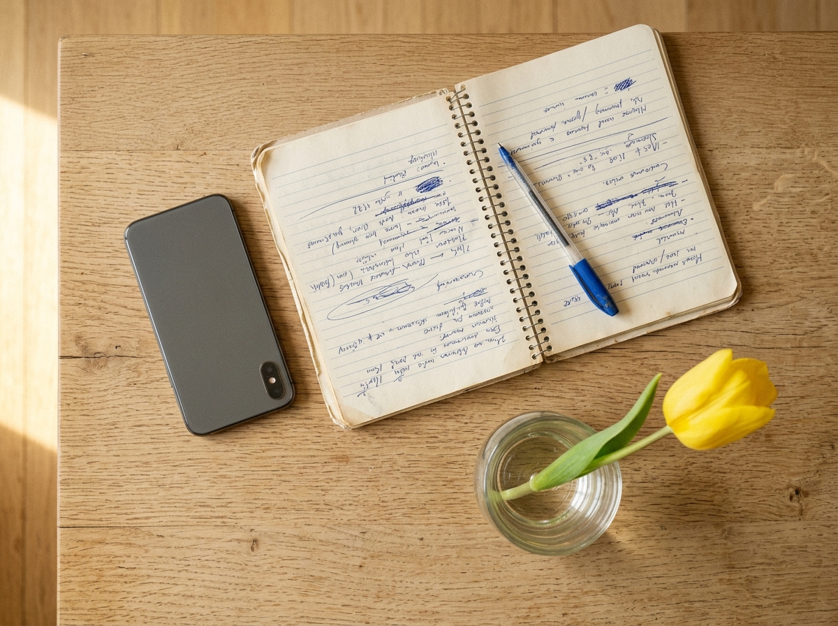 Handschriftliche Notizen neben einem umgedrehten Smartphone, warmes Nachmittagslicht