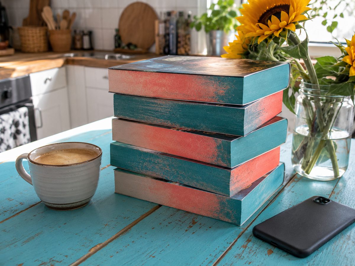 Bunter Stapel Romantasy-Bücher neben einem umgedrehten Smartphone auf dem Küchentisch