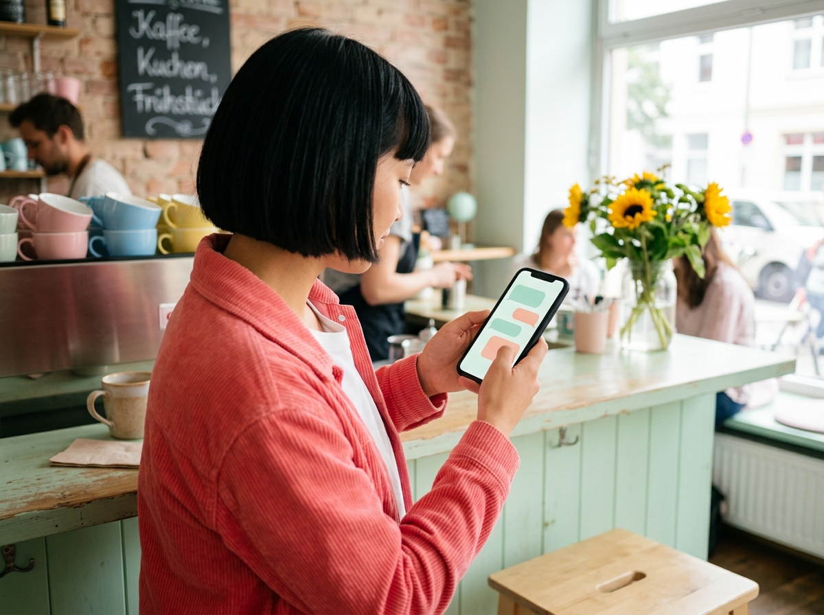 Hände halten ein Smartphone im Café mit abstrakter Chat-Visualisierung