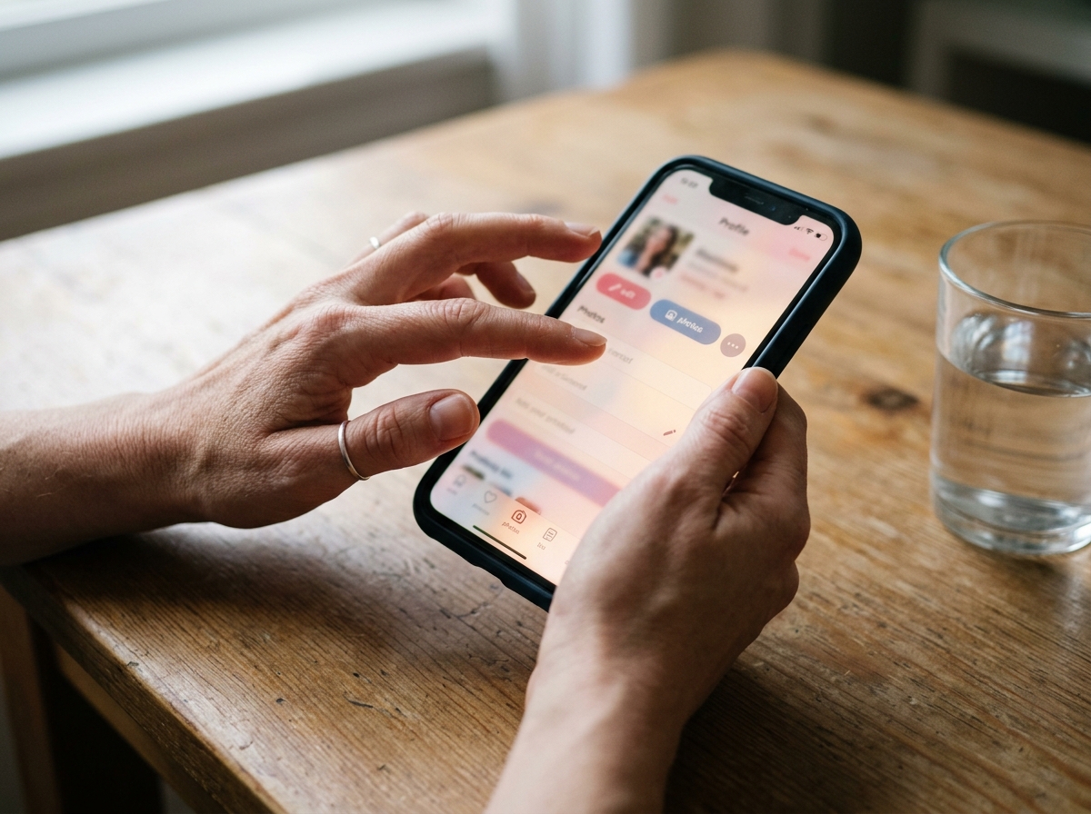 Frau richtet ihr Dating-Profil am Schreibtisch ein, Smartphone in der Hand