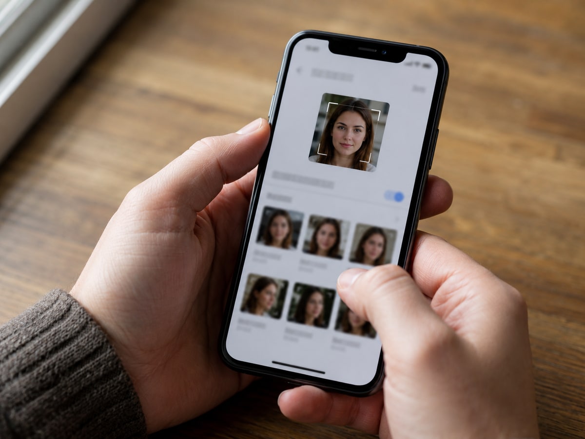 Hände halten ein Smartphone mit Bilderrückwärtssuche auf dem Display