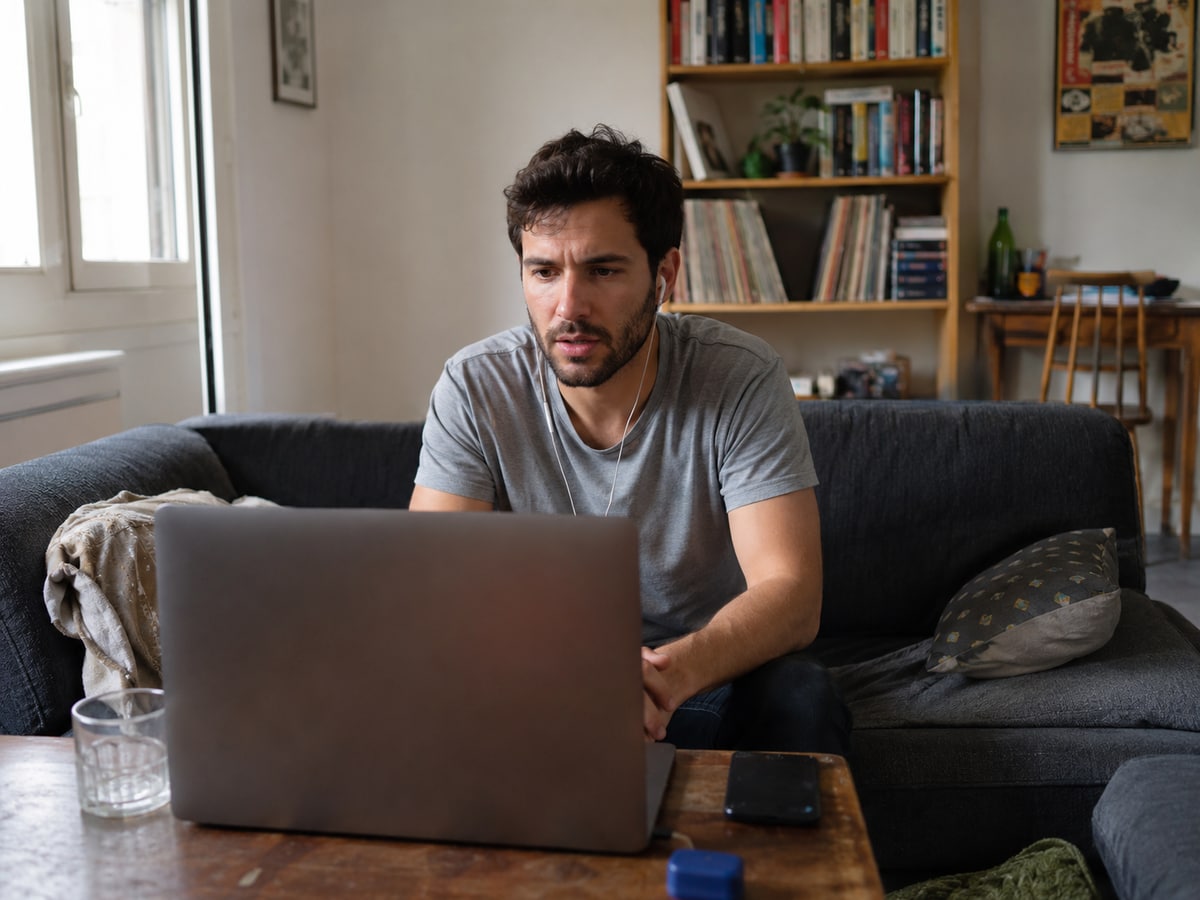 Mann Ende 20 auf Sofa beim vorsichtigen Videoanruf mit offenem Laptop