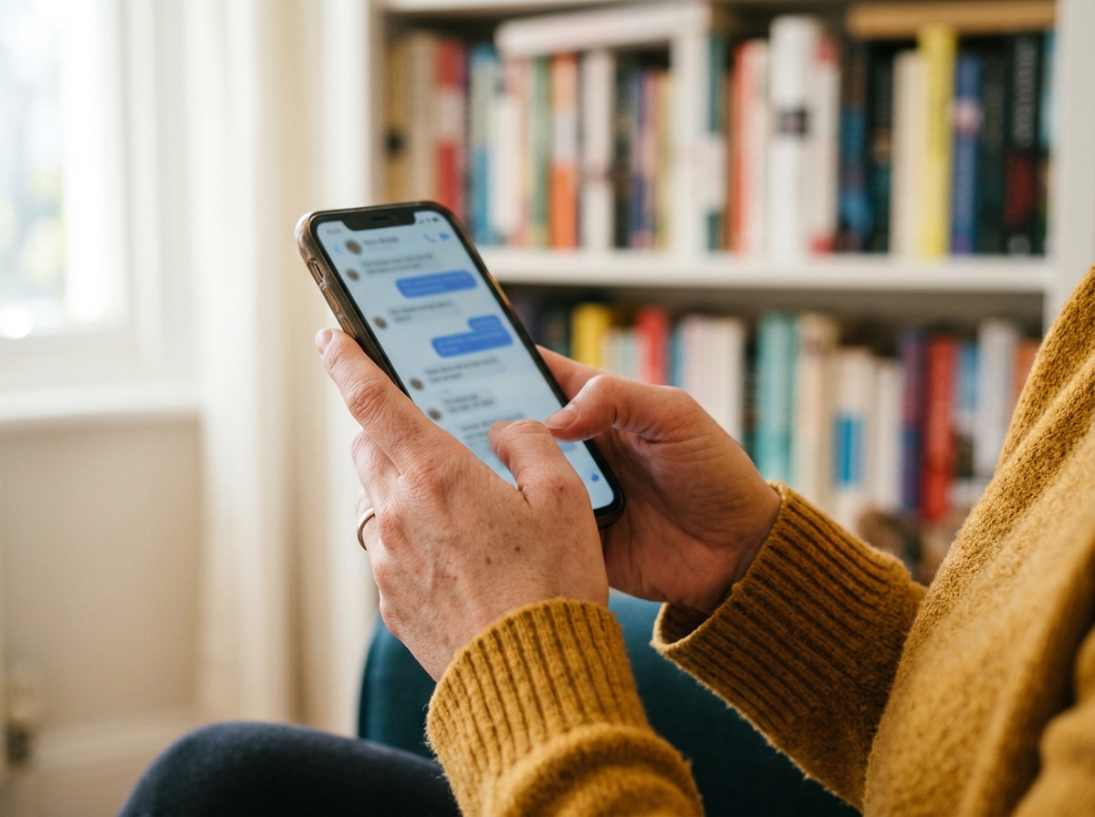 Frau hält Smartphone mit Chat-Interface