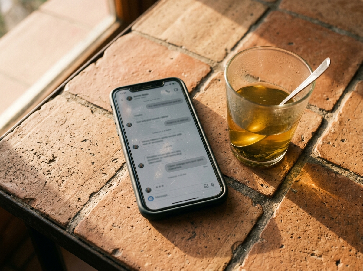 Draufsicht auf ein Smartphone mit abgedunkeltem Chat-Interface auf einem warmen Steintisch, daneben ein Glas grüner Tee