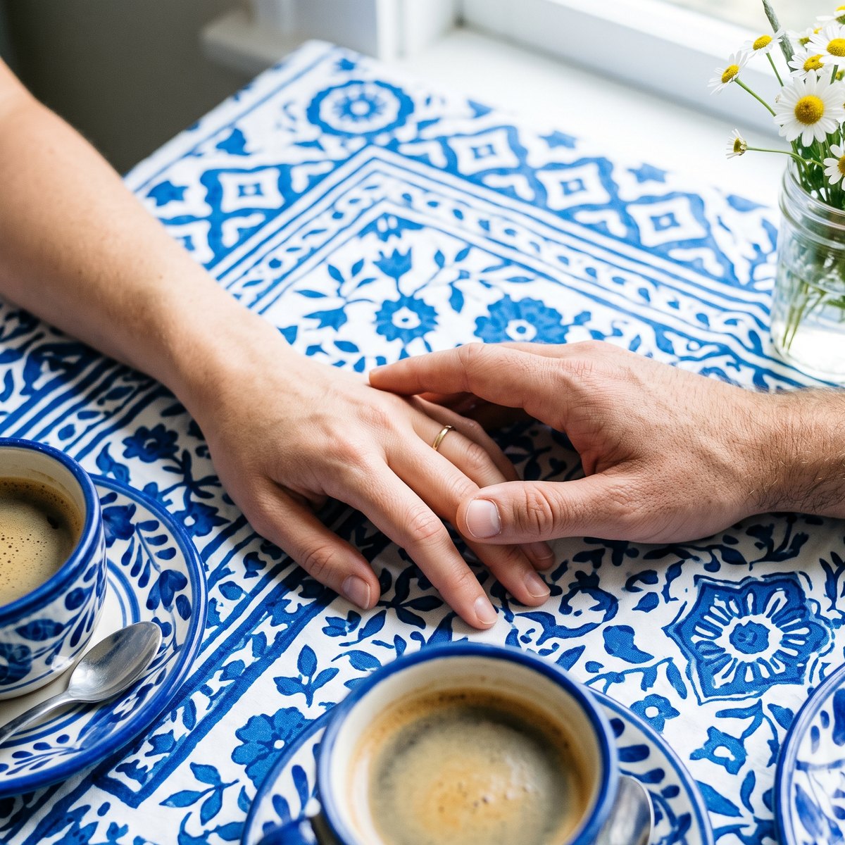 Zwei Hände am hellen Frühstückstisch, eine Hand führt die andere sanft