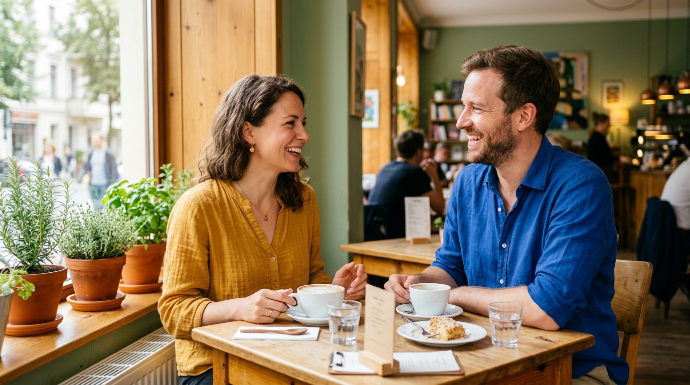 Lächelnde Frau und Mann sitzen bei Kaffee in einem hellen Café und unterhalten sich angeregt, warme Atmosphäre in Honig- und Salbeitönen