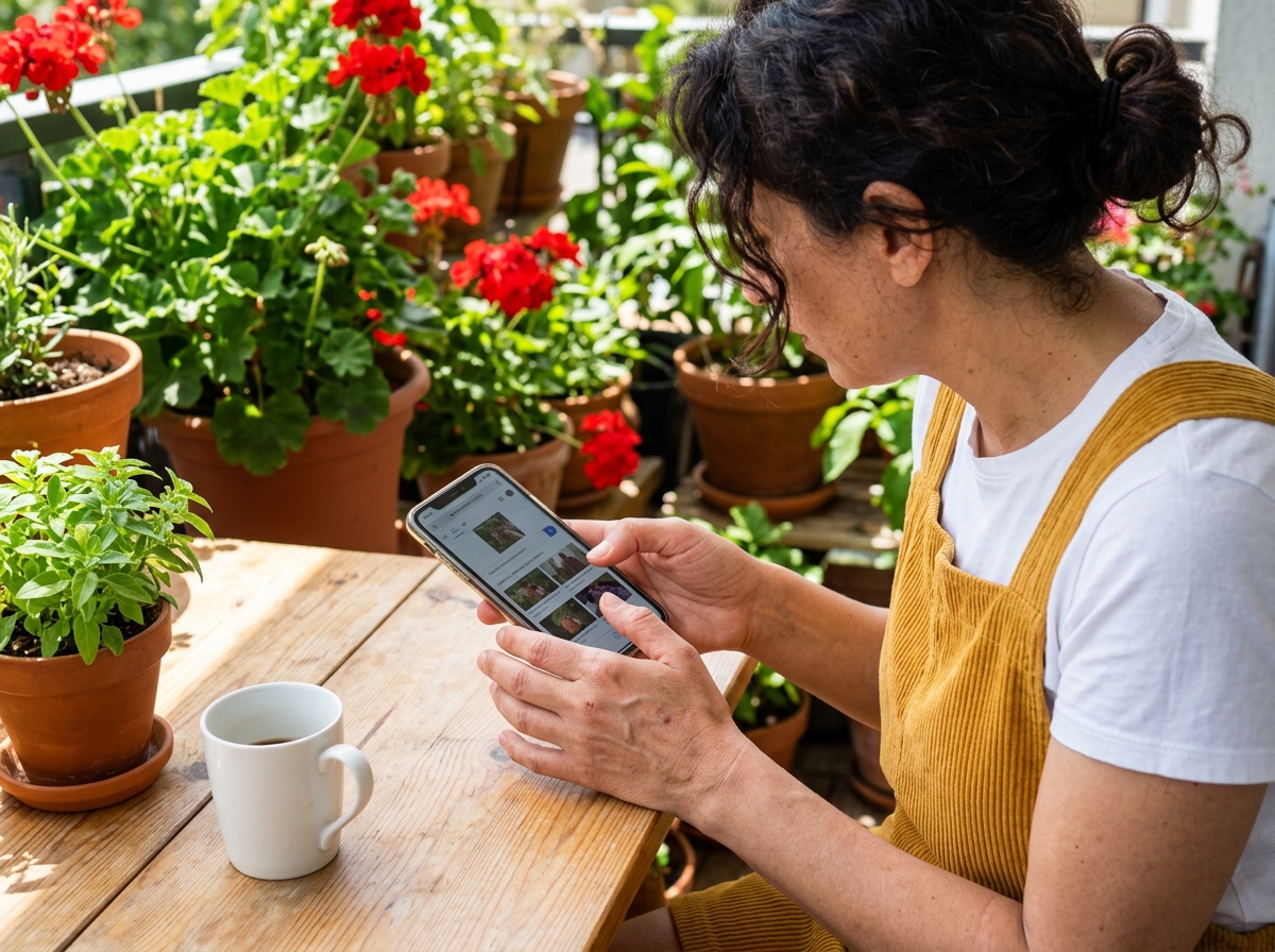 Frau führt eine Bilderrückwärtssuche auf ihrem Smartphone durch