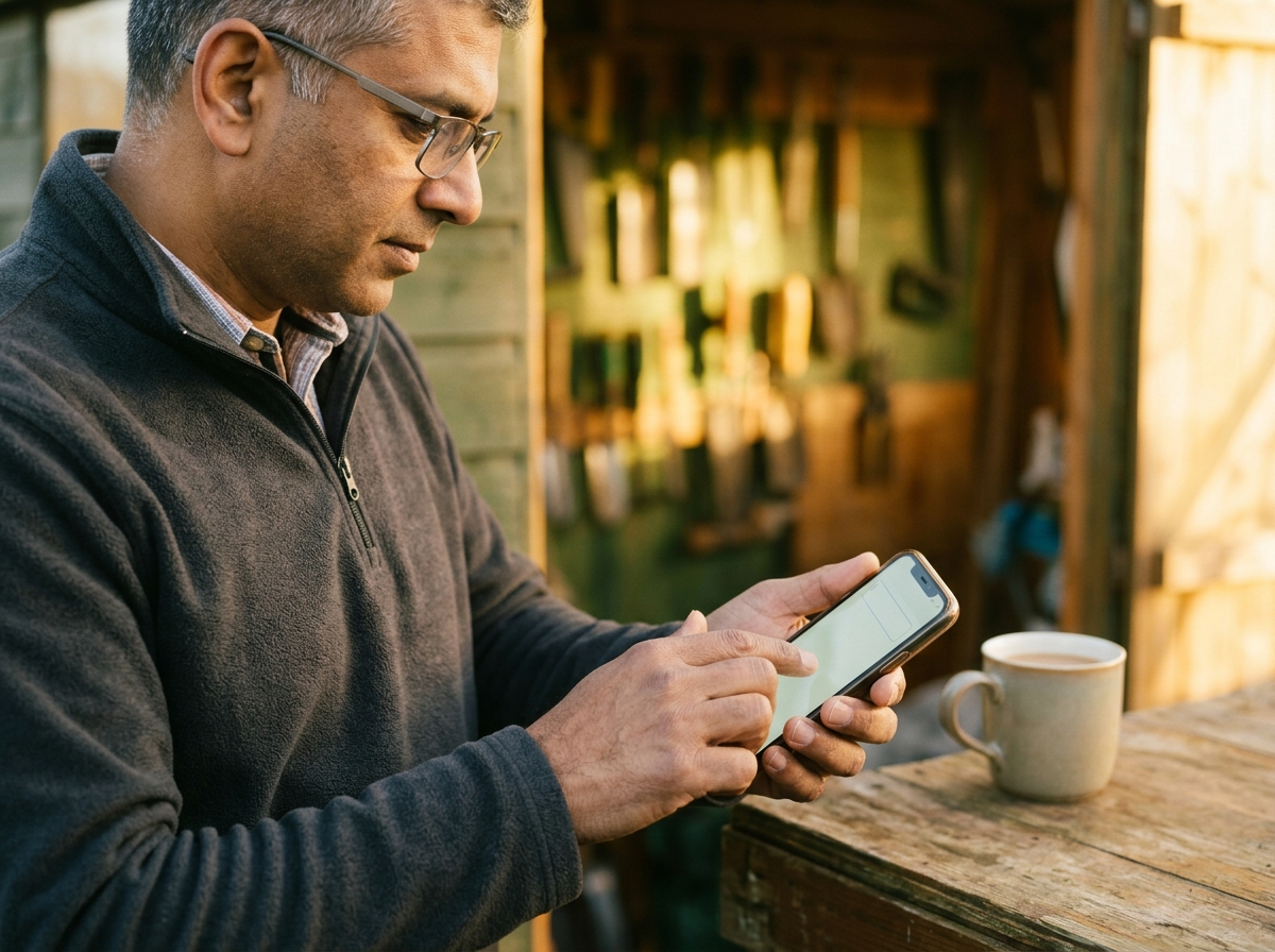 Zwei Hände halten ein Smartphone, Cursor blinkt in einem leeren Textfeld eines Dating-Profils