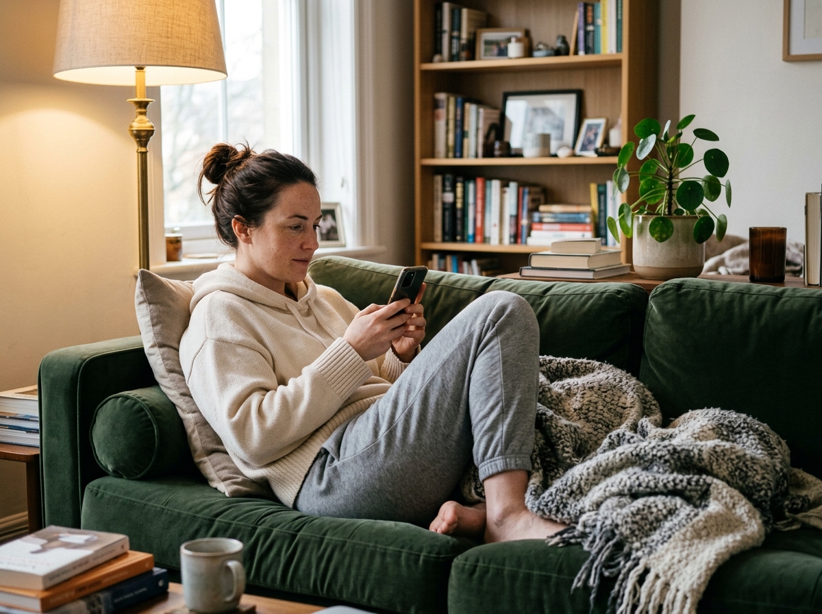 Frau auf dem Sofa scrollt durch Dating-App mit ruhigem, leicht neugierigem Gesicht