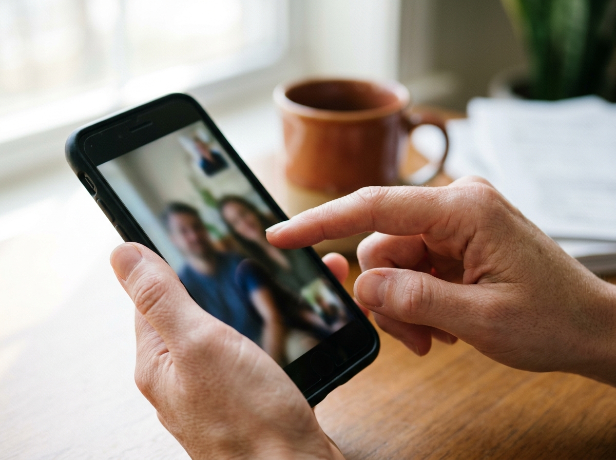 Person hält Smartphone mit unscharfem Videoanruf-Bildschirm skeptisch in der Hand