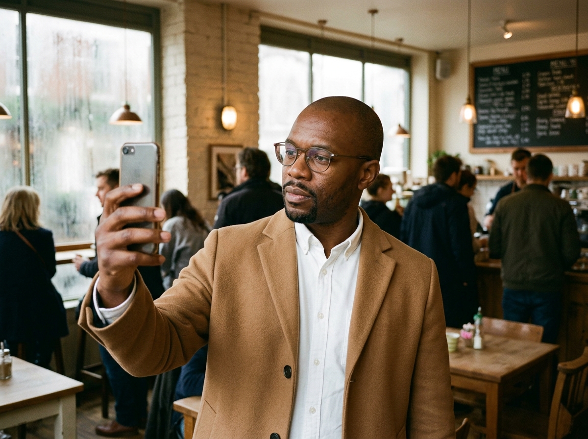 Person macht Selfie-Pose für Dating-App-Verifizierung