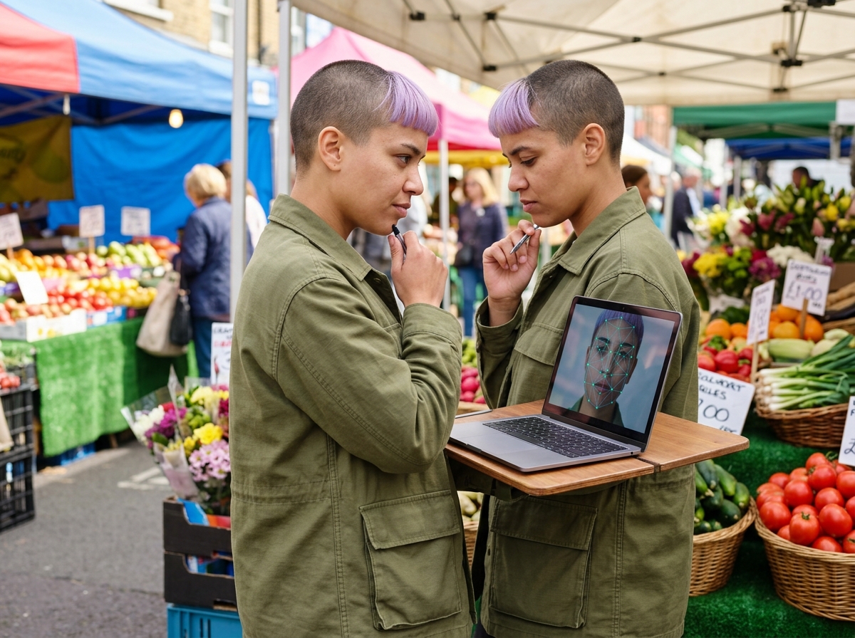 Laptop zeigt KI-Gesichtserkennung mit skeptischer Person davor