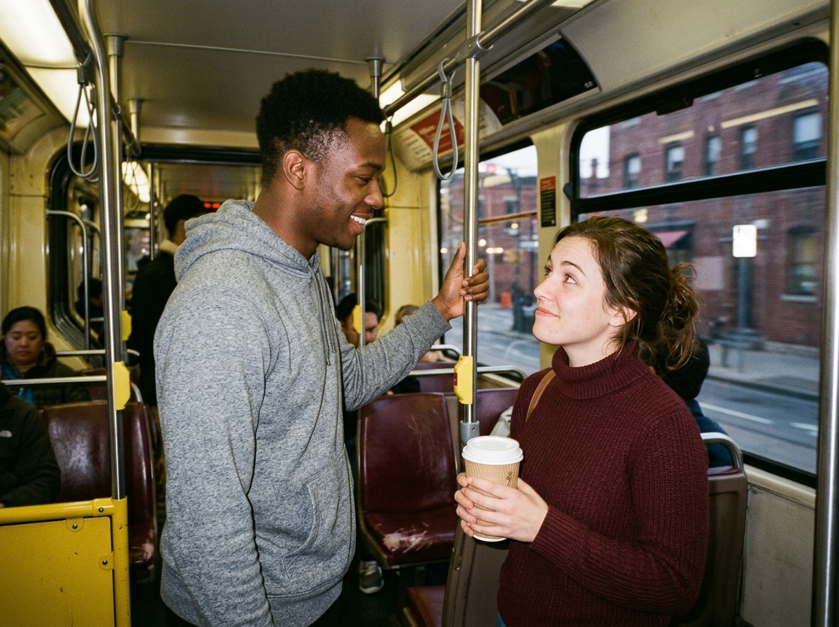Junger Mann kommt in einer fahrenden Tram mit einer Frau ins Gespräch, sie wendet sich offen zu ihm