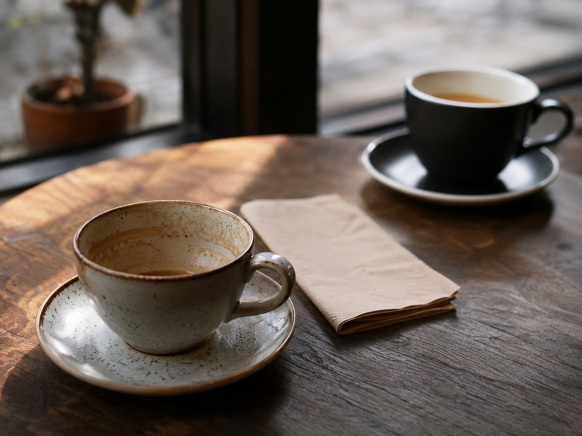 Zwei Kaffeetassen auf einem Tisch — eine fast leer, eine kaum berührt