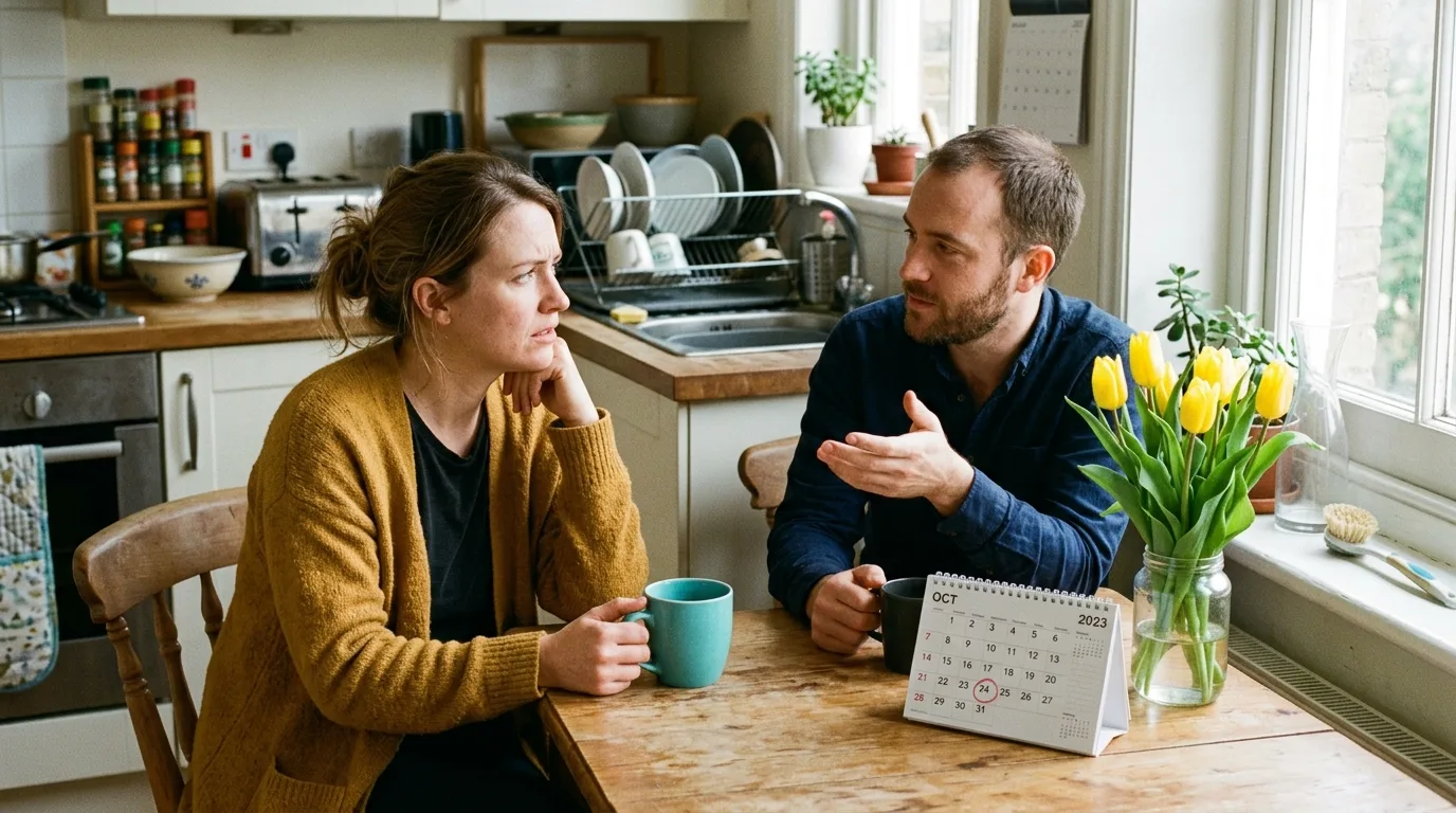 Frau am Frühstückstisch blickt skeptisch zur Seite, Partner gestikuliert beschwichtigend in heller Küche