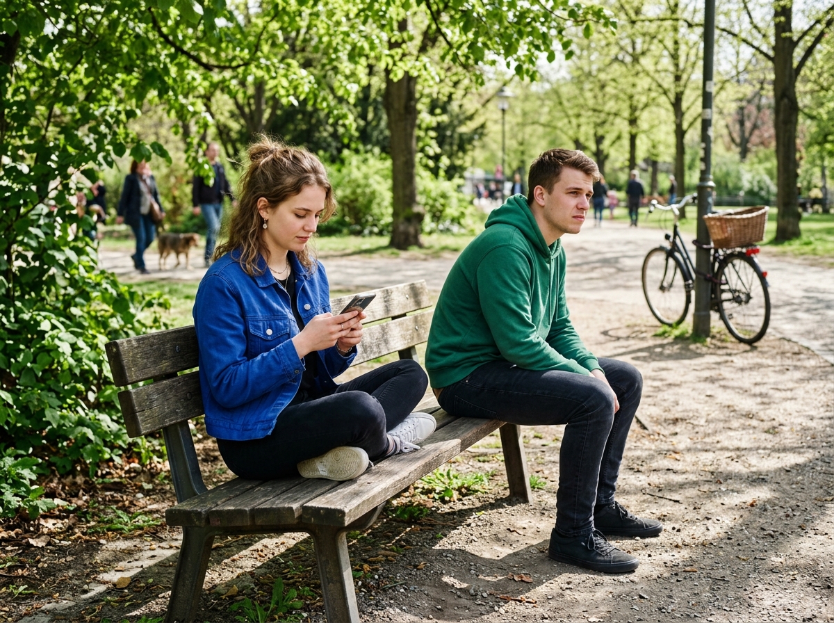 Zwei junge Erwachsene sitzen mit kleinem Abstand auf einer Berliner Parkbank, leicht unbeholfene First-Date-Körpersprache im Frühlingssonnenschein