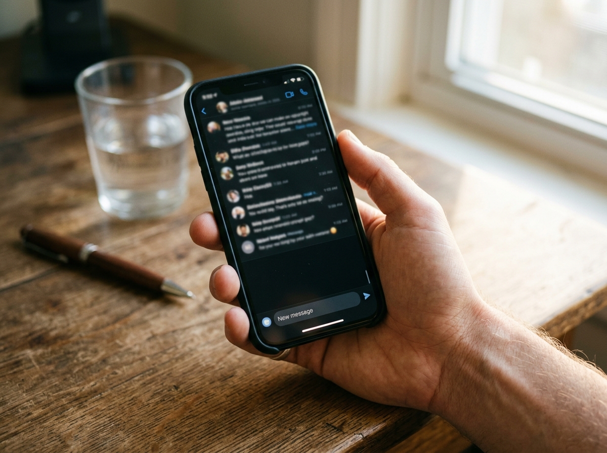 Nahaufnahme einer Hand, die ein Handy hält – ein alter Chat-Verlauf mit einer neuen Nachricht darunter