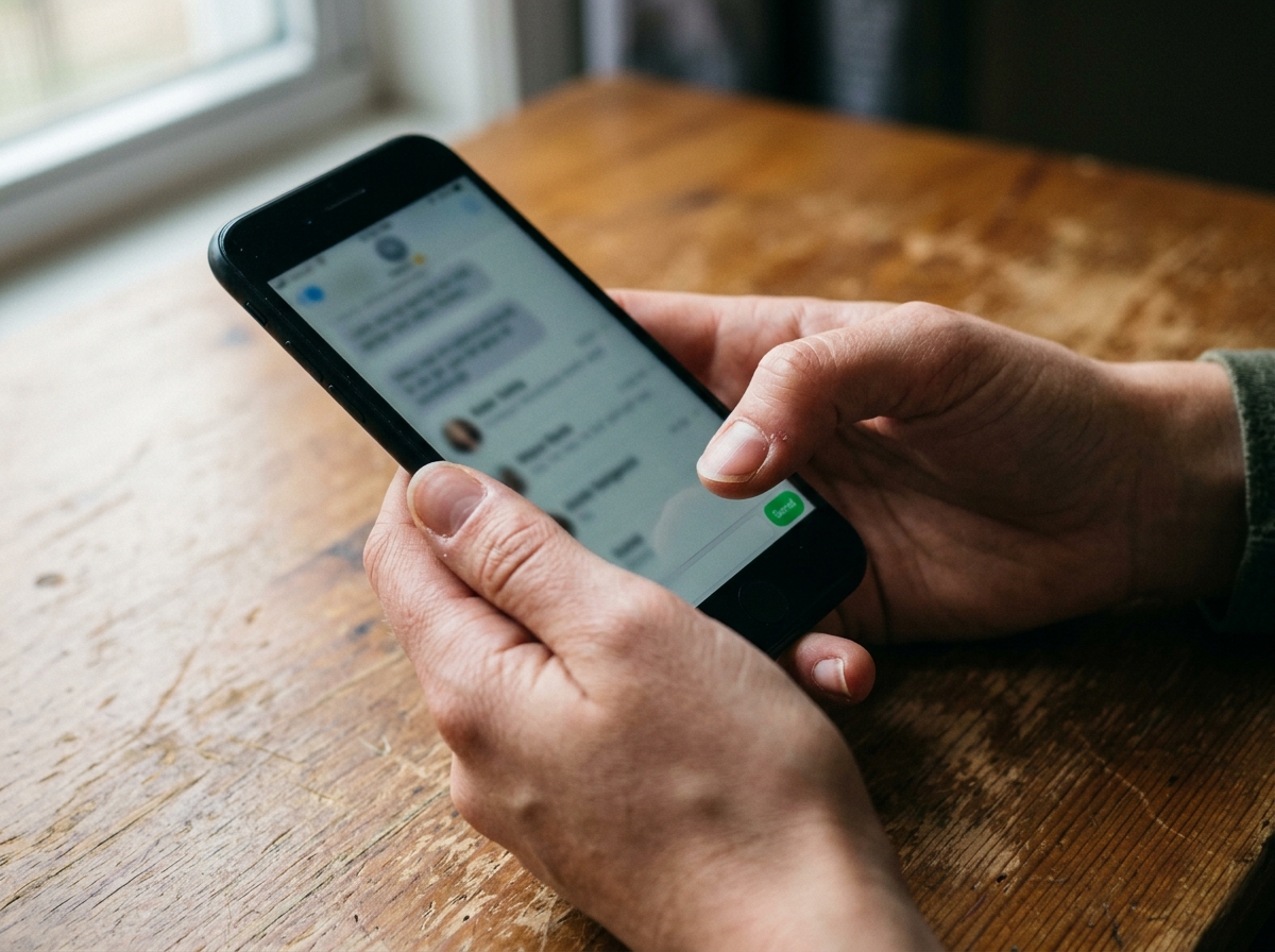 Hände halten ein Smartphone, Daumen über dem Sende-Button