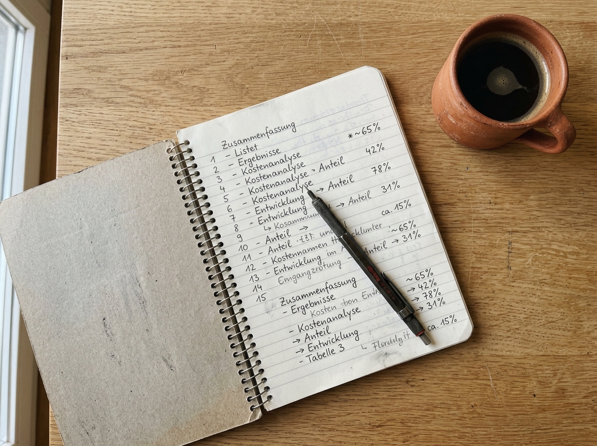Handschriftliche Notizen mit Prozentzahlen auf einem Notizbuch, Kaffee daneben, warmes Morgenlicht