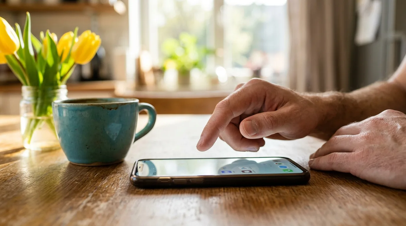 Hand zoegert ueber hell leuchtendem Smartphone am sonnigen Kuechentisch neben gelben Tulpen