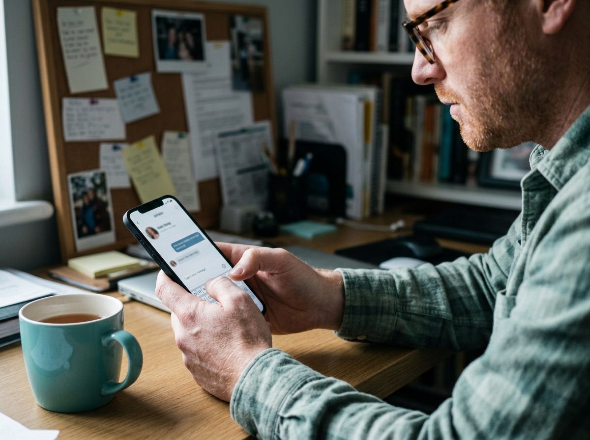Smartphone mit Dating-App-Profil in weiblichen Händen, warmes Tageslicht