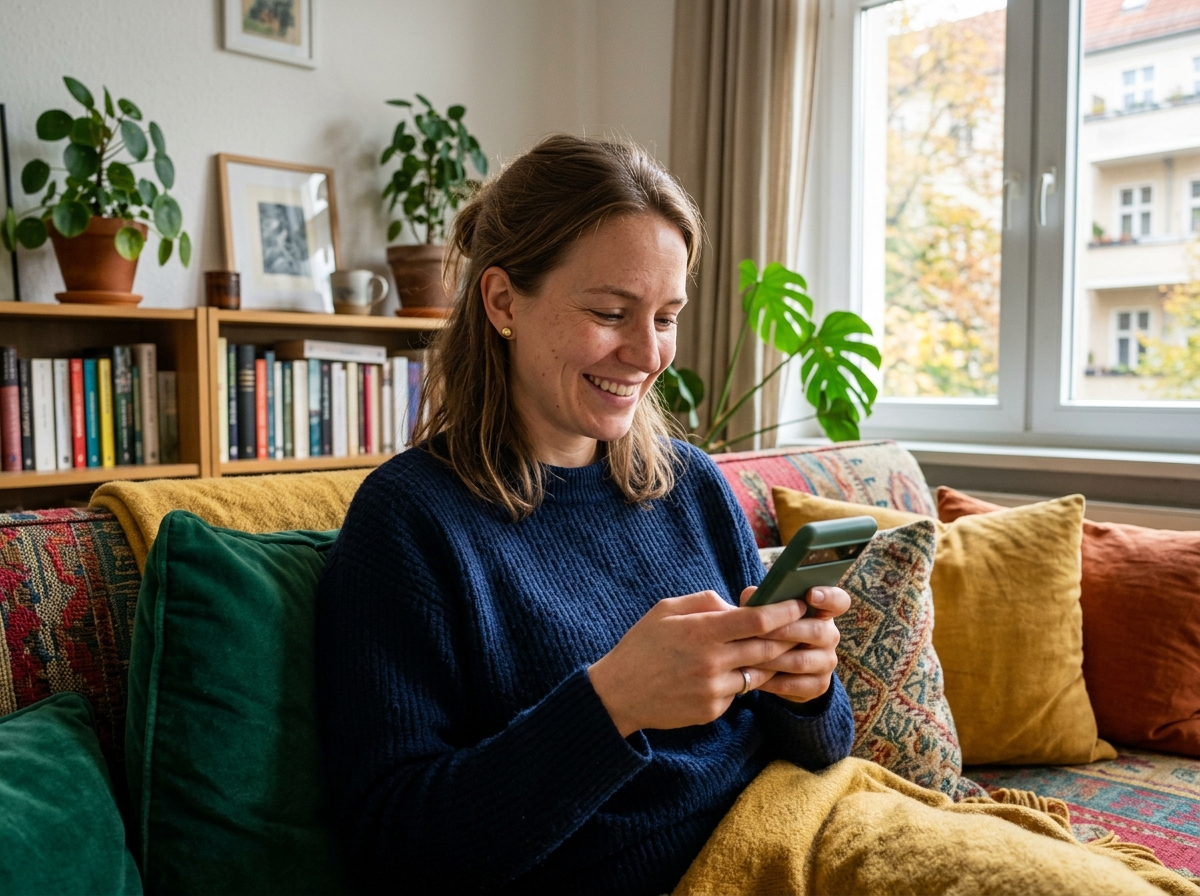 Person schreibt lächelnd eine Nachricht auf dem Smartphone