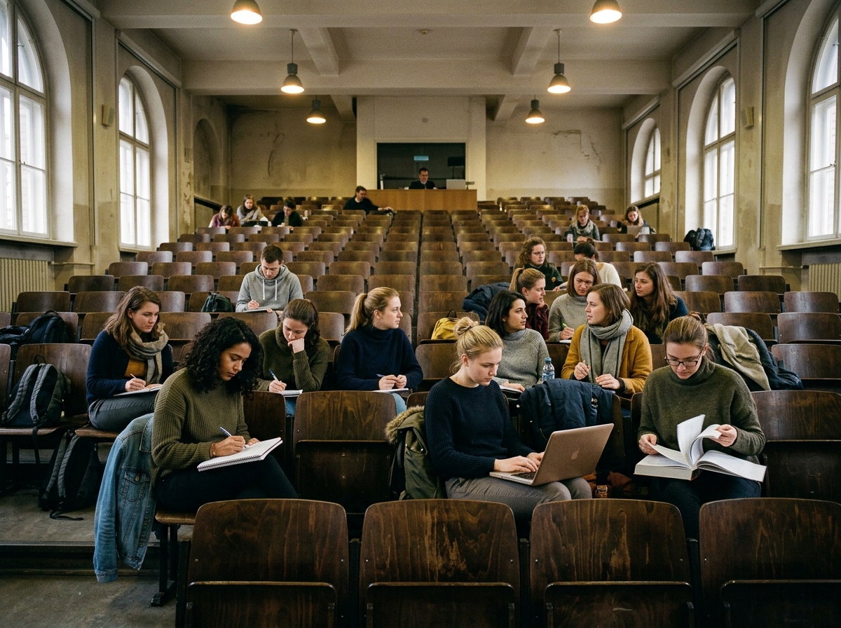 Halb leerer Hörsaal von den hinteren Reihen aus, überwiegend Studentinnen unterschiedlichen Alters machen Notizen, ein einzelner männlicher Student dazwischen, warmes Holzbraun