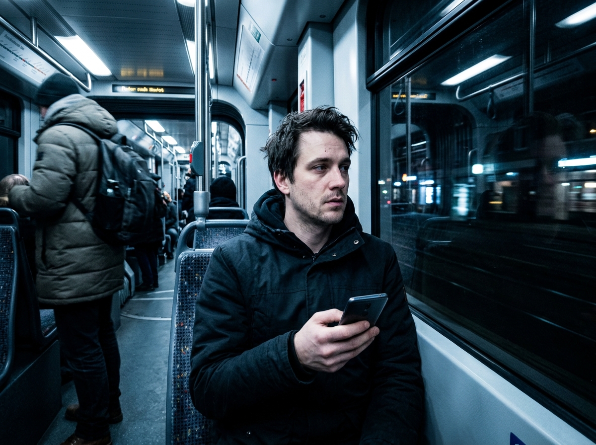Müder Mann Ende 20 sitzt nachts am dunklen Fenster einer Tram und hält sein Handy seitlich, harter Blitz, kalte Blau-Schwarz-Töne, verschwommener stehender Fahrgast