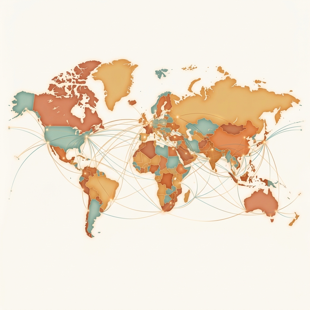 Weltkarte mit Verbindungslinien zwischen verschiedenen Ländern als Daten-Visualisierung
