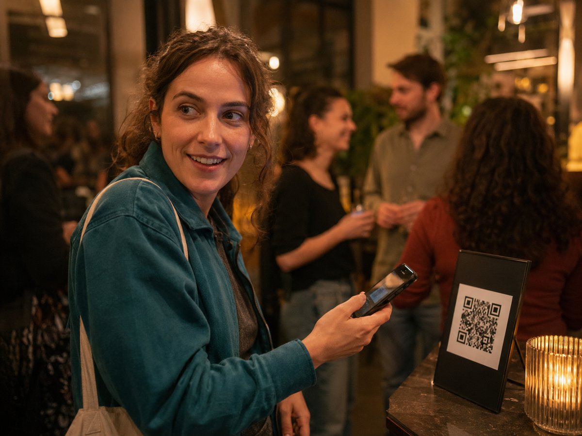 Person scannt QR-Code bei einem sozialen Event, andere Menschen im Hintergrund