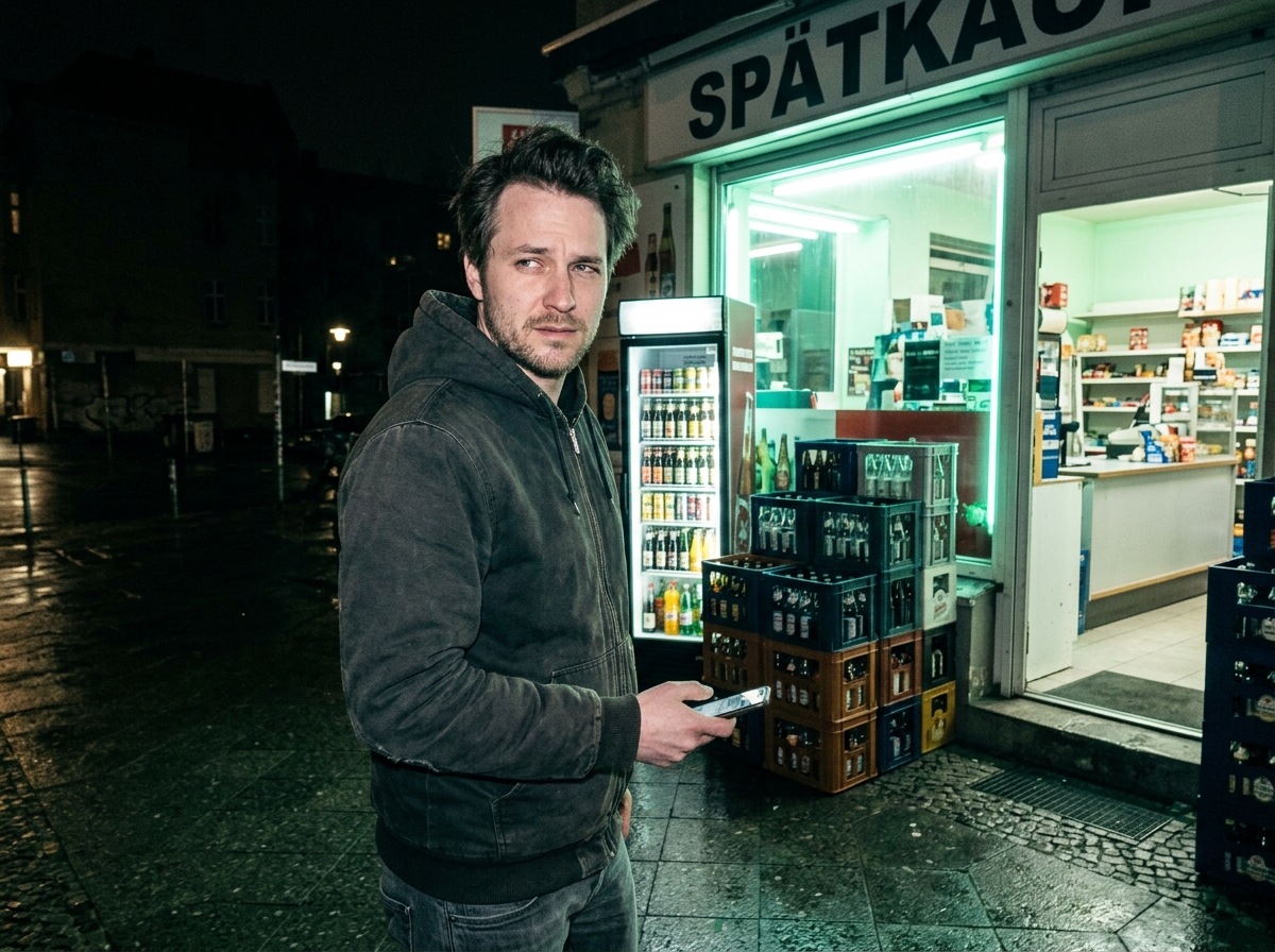 Mann Anfang 30 steht nachts vor einem Spätkauf, das Handy locker in der Hand, mit leicht skeptischem Blick zur Seite, kaltes grünliches Neonlicht