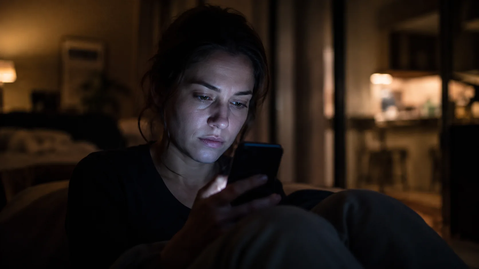 Person in halbdunkler Wohnung mit Smartphone-Bildschirmlicht im Gesicht — Symbolbild für nächtliche KI-Chats