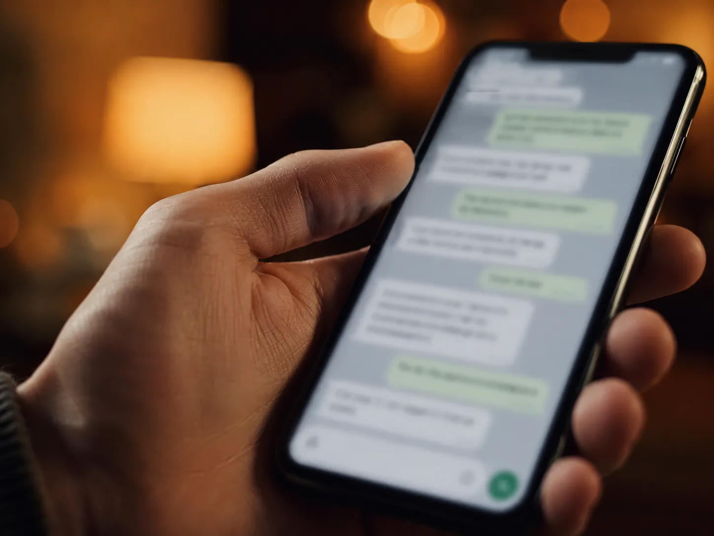 Hand hält Smartphone mit unschärfeangedeutetem Chat-Verlauf in warmem Licht