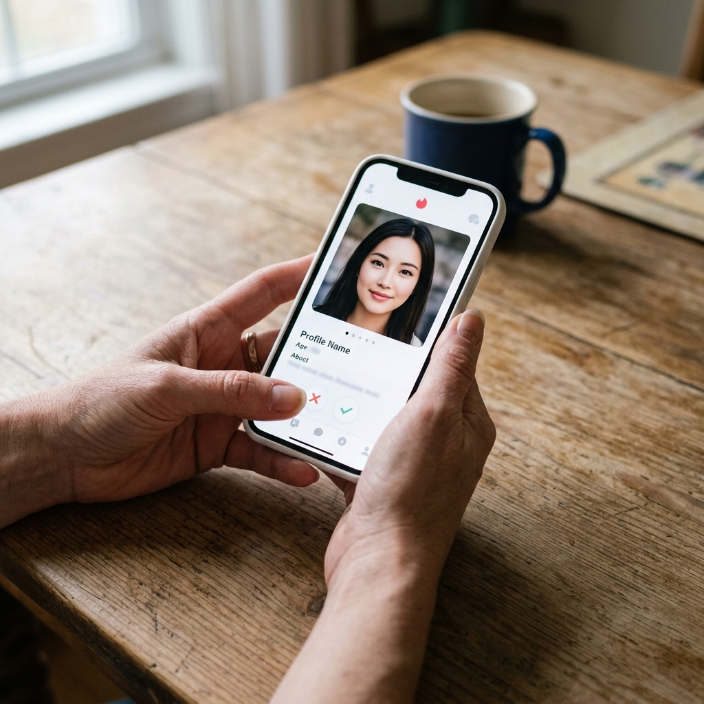 Smartphone mit Dating-App, auf dem ein künstlich perfektes Profilfoto zu sehen ist