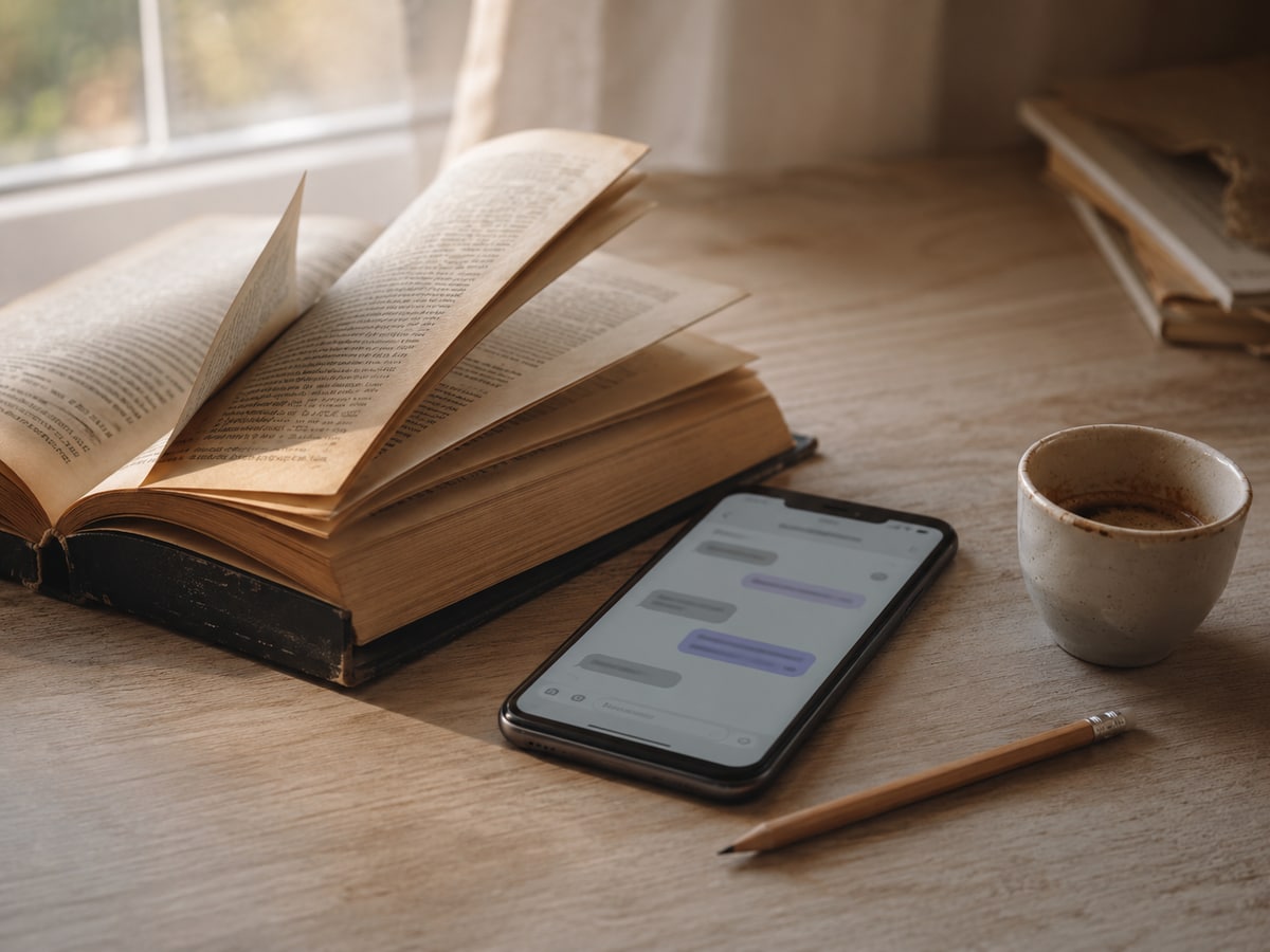 Aufgeklappter Roman und Smartphone mit Chat-Interface auf Schreibtisch