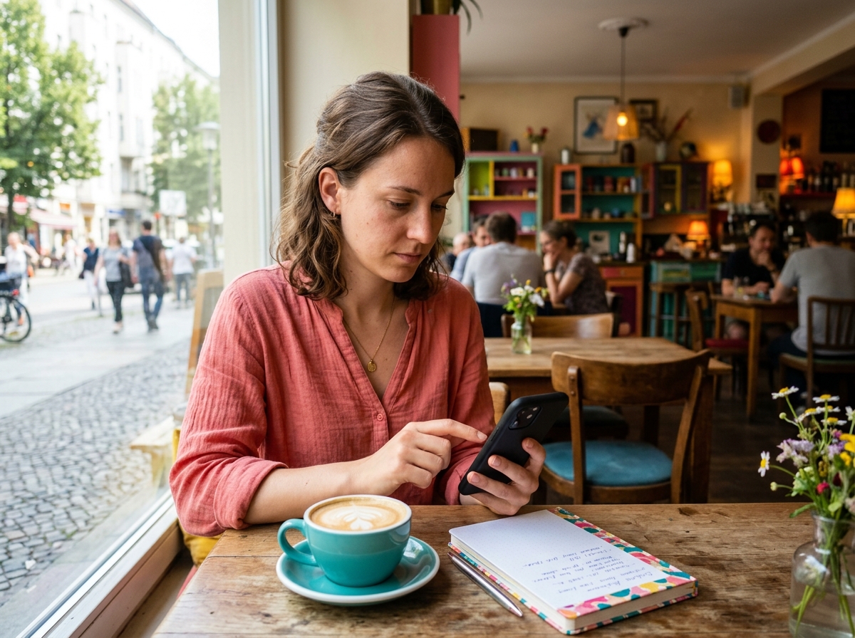 Junge Frau sitzt in einem bunten Café am Fenster und vergleicht auf dem Smartphone Dating-Apps, vor ihr ein türkisfarbener Cappuccino und ein Notizbuch