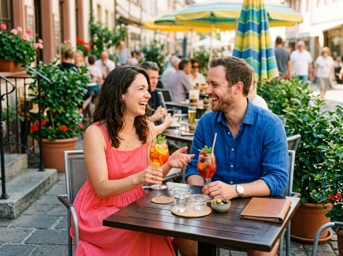 Mann und Frau Anfang 30 lachen bei einem ersten Treffen an einer sonnigen Café-Terrasse, davor zwei bunte Sommercocktails in Korallrot und Orange, im Hintergrund grüne Pflanzen