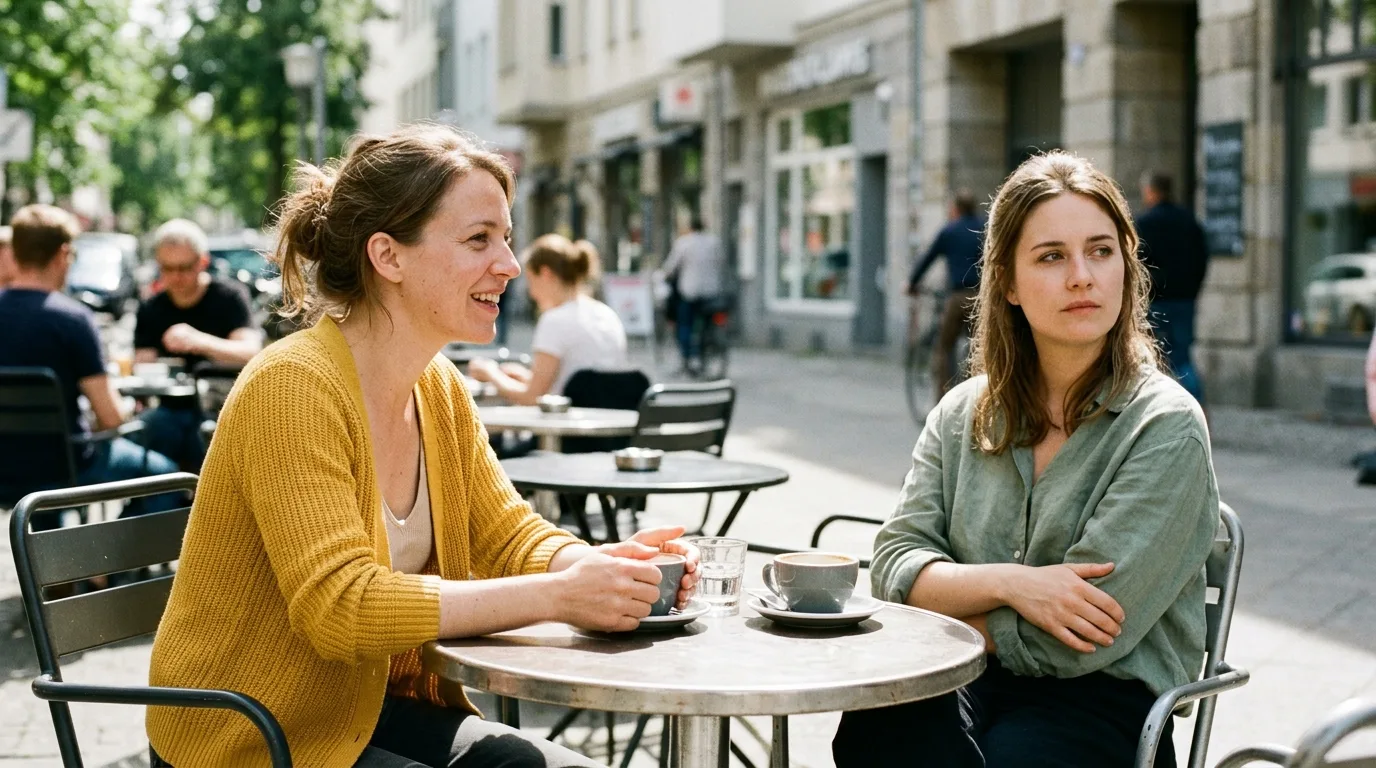 Zwei junge Frauen sitzen sich an einem Caféterrassientisch gegenüber, eine lehnt sich lächelnd vor, die andere sitzt mit verschränkten Armen leicht zurückgelehnt und schaut zur Seite