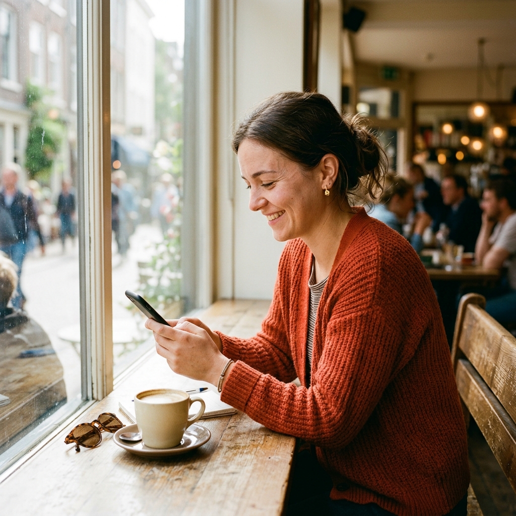 Frau liest erleichtert eine Nachricht auf ihrem Handy am Café-Fenster