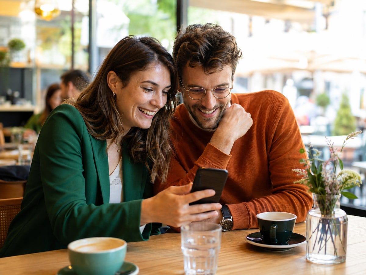 Frau und Mann lachen gemeinsam über etwas auf einem Smartphone in einem hellen Café