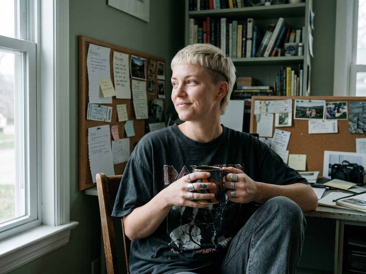 Eine Frau sitzt zufrieden an einem sonnigen Fensterbrett mit einem Kaffeebecher, entspannt und bei sich — sinnbildlich für die eigene Morgenroutine im LAT-Modell