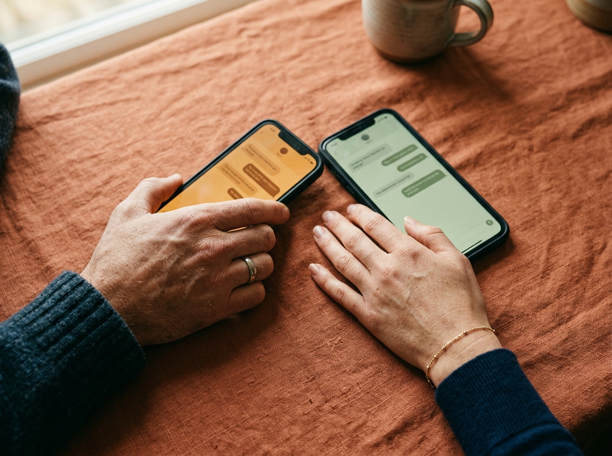 Zwei Hände halten Smartphones mit Chatverläufen nebeneinander auf einem warmen Tischtuch — Sinnbild für anonyme Online-Kontakte auf Dating-Plattformen