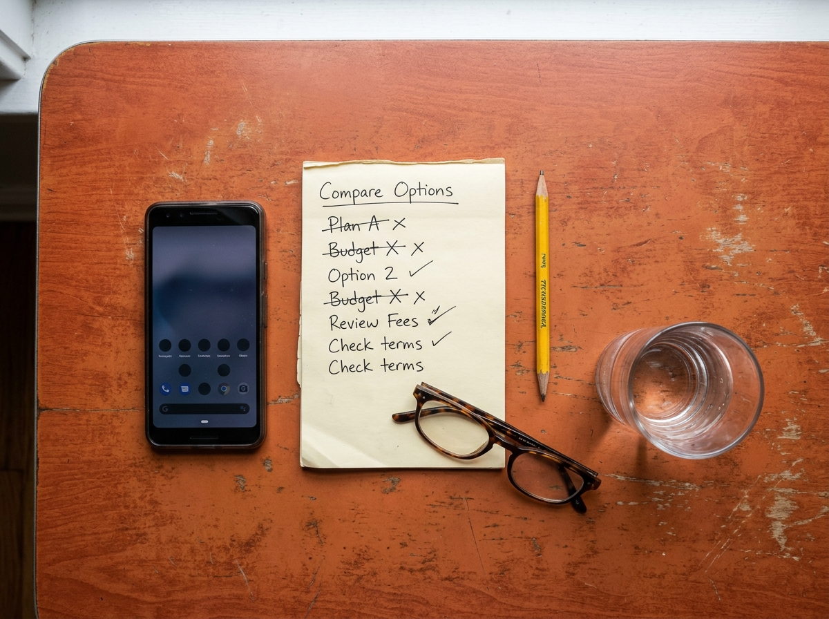 Aufsicht auf einen rostorangen Küchentisch mit Smartphone, einer handschriftlichen Vergleichsliste mit Häkchen und Streichungen, Stift, Lesebrille und einem Glas Wasser