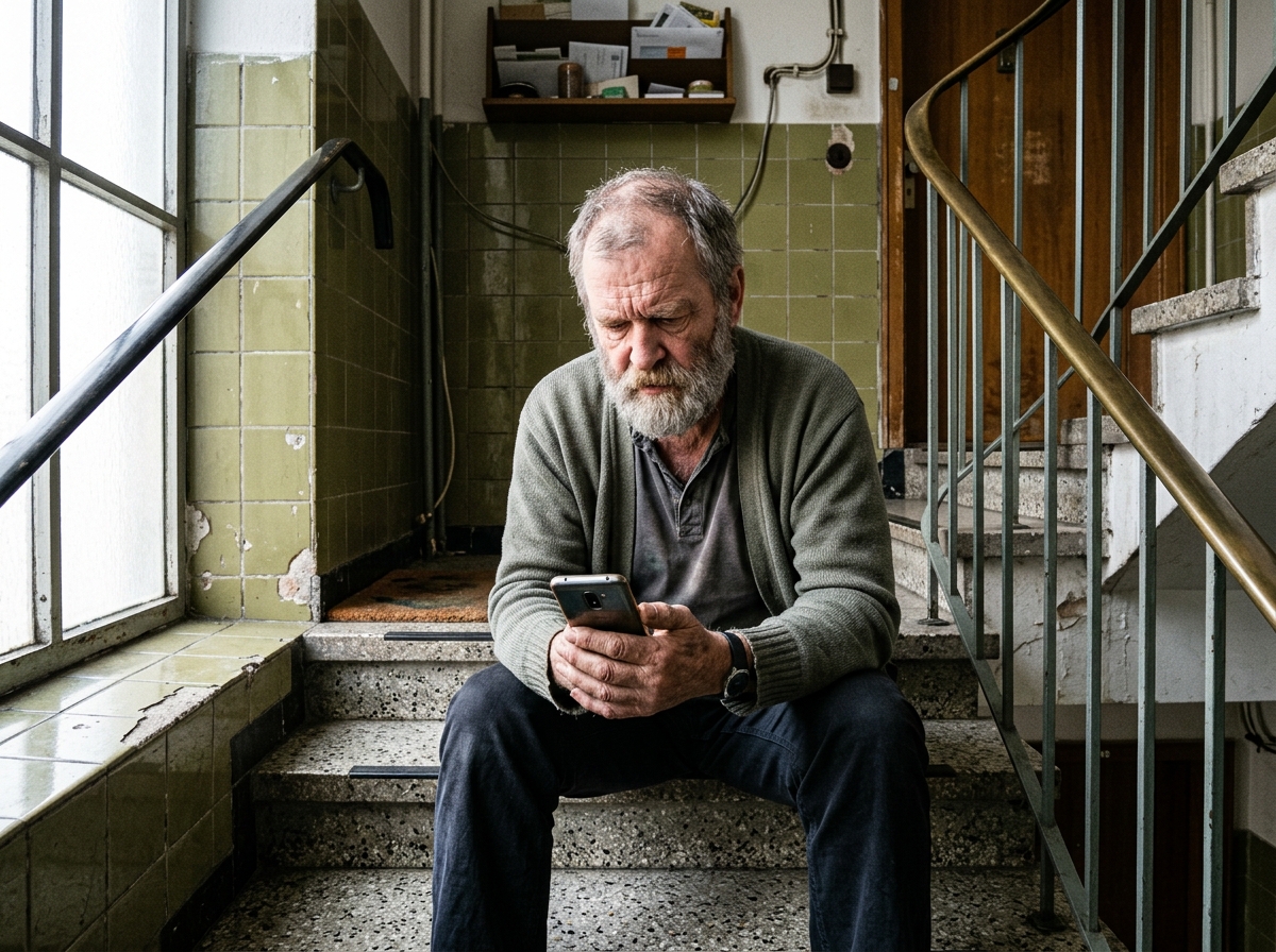 Mann Ende 50 mit grauem Bart sitzt auf einer Treppenstufe im olivgrünen Altbau-Treppenhaus und prüft abwägend etwas auf seinem Handy